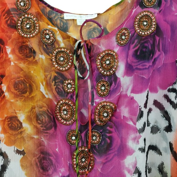 Boston Proper Animal Print Floral Beaded Poncho Top Size 18 V-Neck Sheer Chiffon - Picture 2 of 6